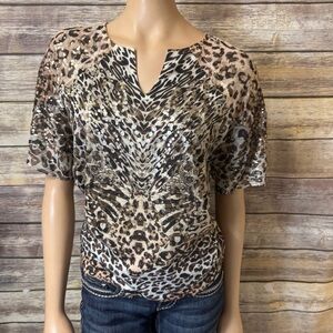 Chico’s Animal Print‎ Top 0 size 4 S Small Gold Metallic Short Sleeve Blouse